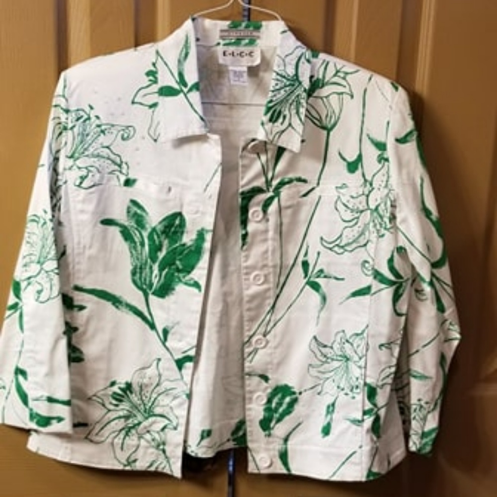 E L C C Botanical Print White Blazer Jacket Small